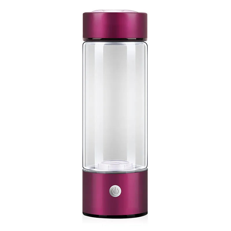 Hydrogen water bottle in silver with electric base, borosilicate glass body, 21.5cm tall, 401-500ml capacity