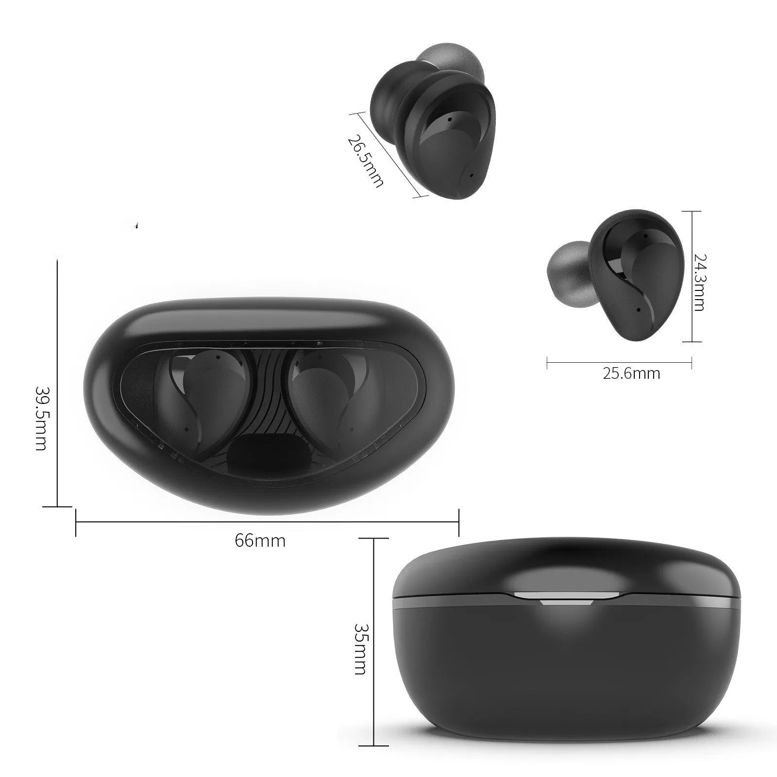 Active noise reduction wireless Bluetooth headset in black, with in-ear design and USB charging cable