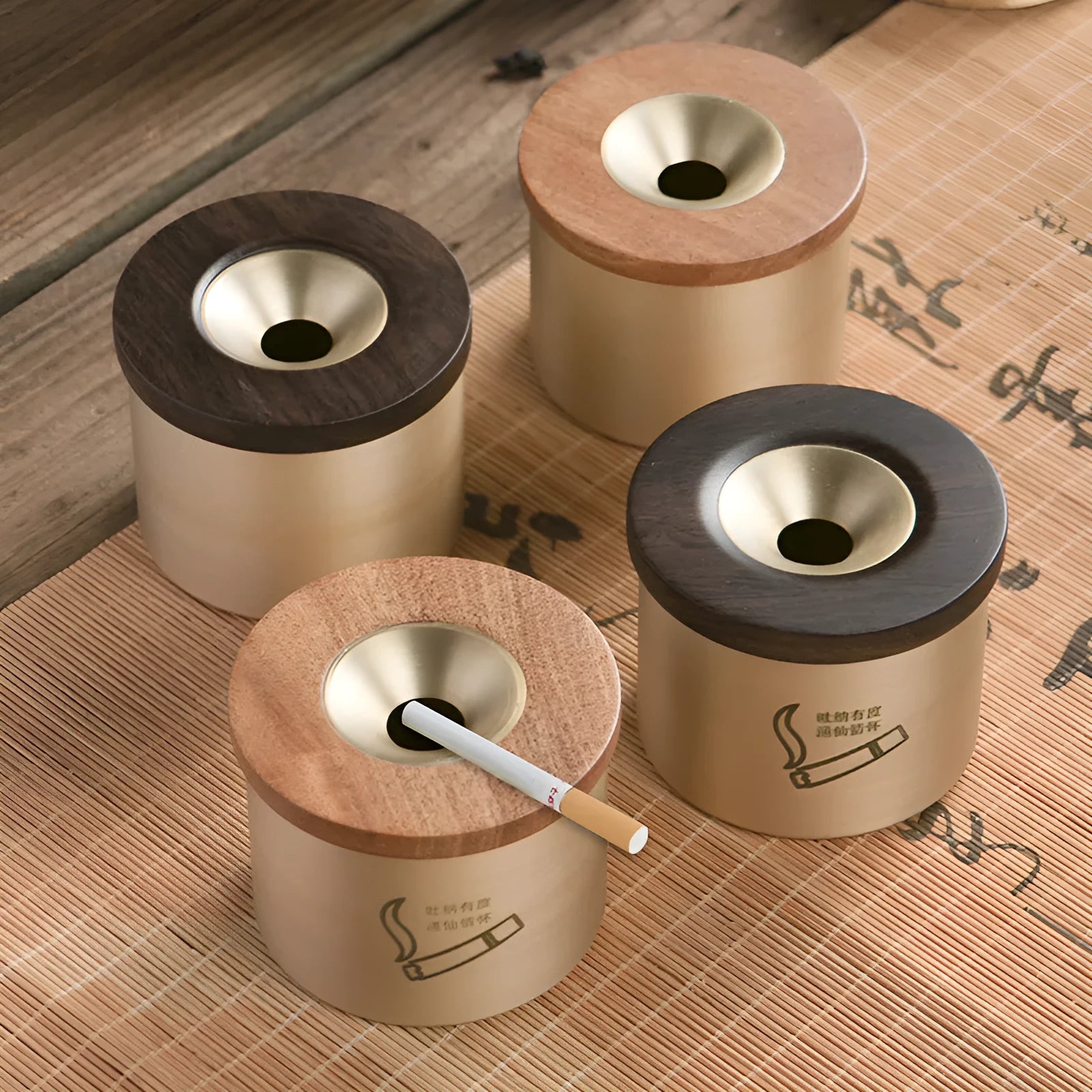 Solid brass copper ashtray with a wooden lid in retro style for home use