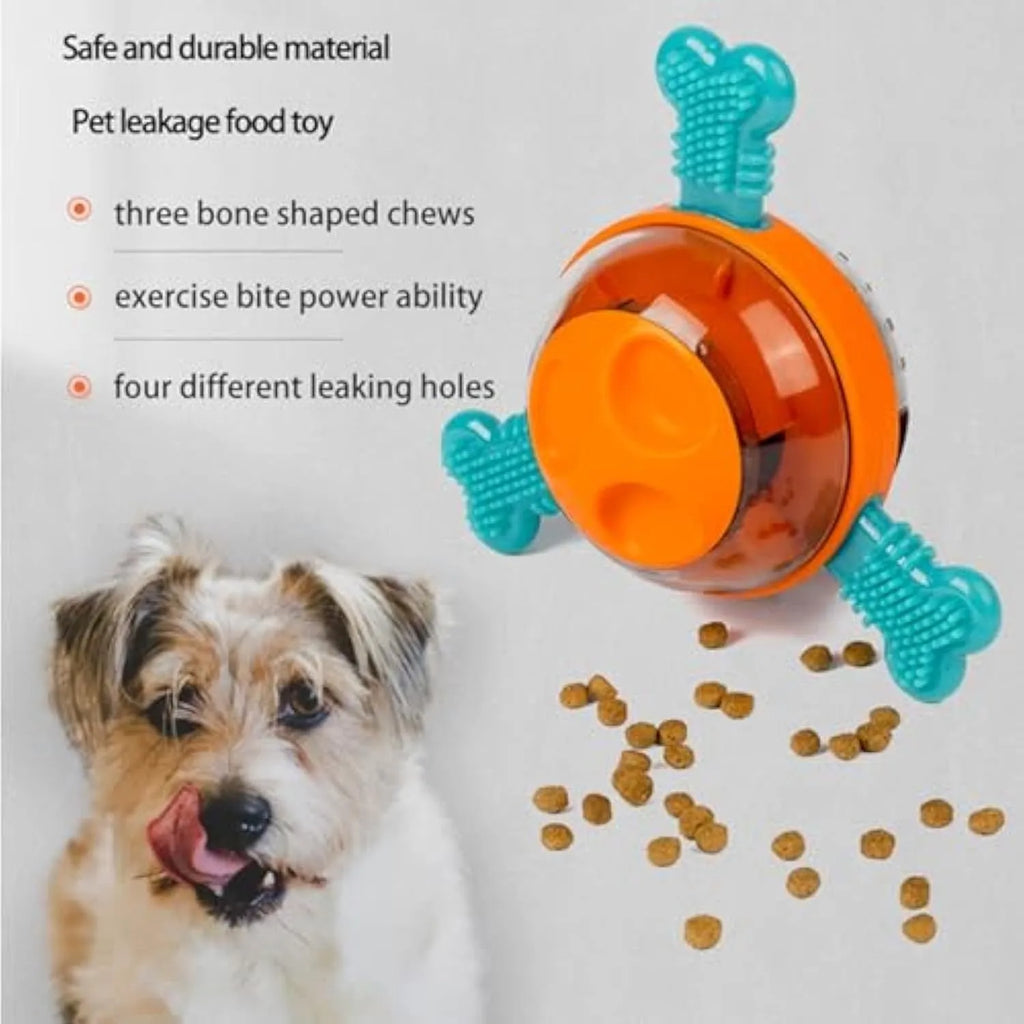 Blue interactive dog chew toy and slow feeder with rubber bone attachments for small medium dogs