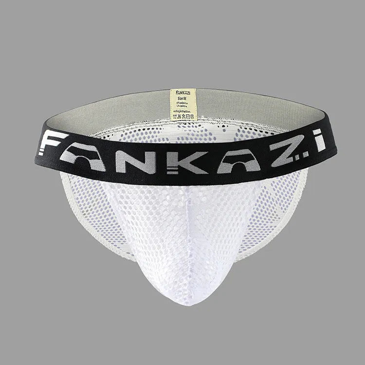 Hollow mesh breathable high fork low waist men's briefs in white and black polyester fibre