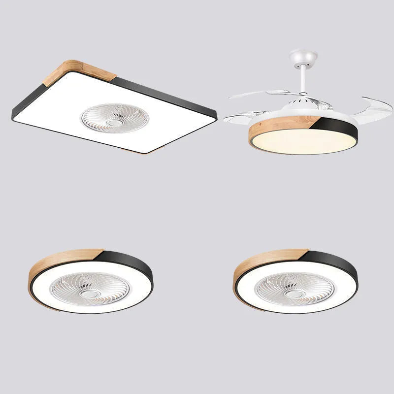 Nordic style solid wood ceiling fan with integrated light and PVC shade in rectangular, square and round designs.