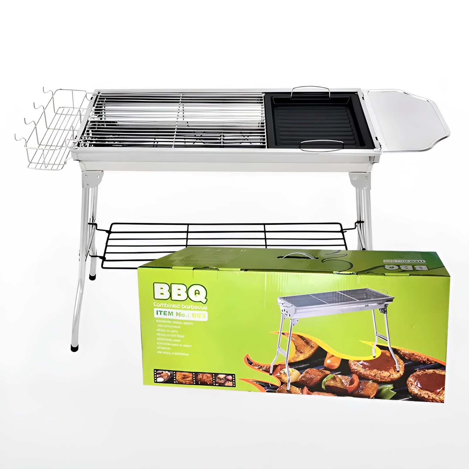 Stainless steel portable folding barbecue grill with dimensions 73cm x 33.5cm x 70cm
