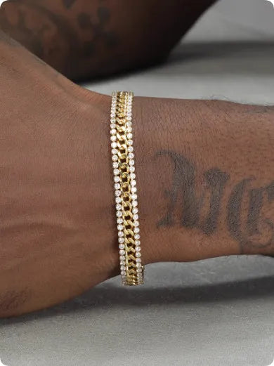 Gold electroplated unisex tennis bracelet on titanium steel with hip hop style and artificial gemstones.
