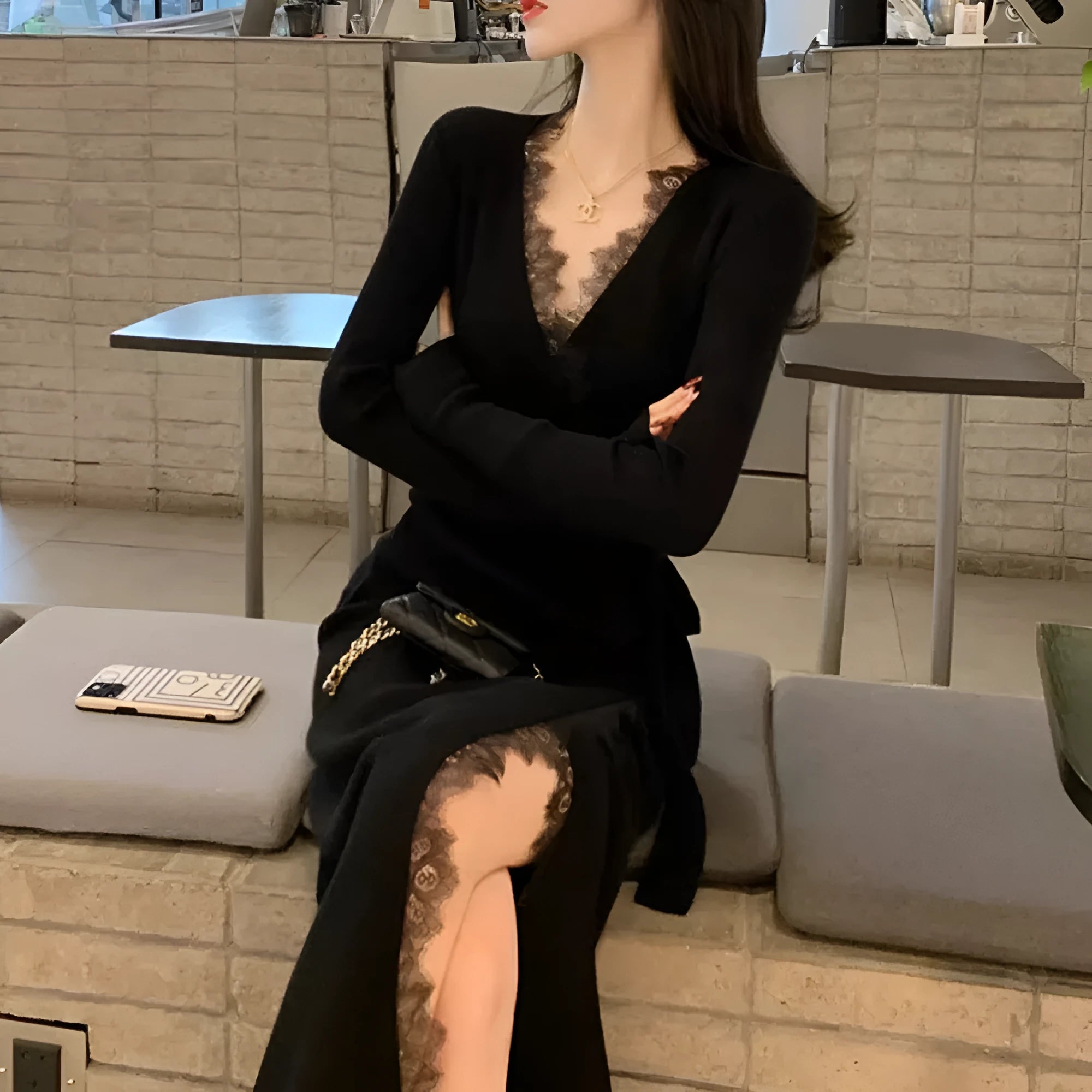 Black slim fit women's woolen skirt in princess dress style with solid colour design