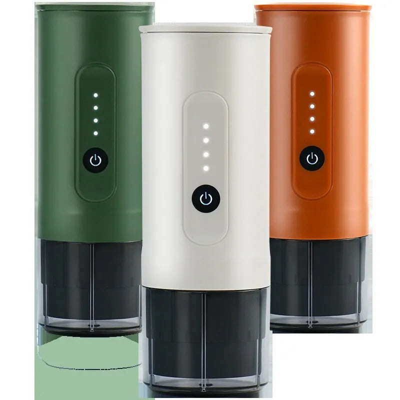 Portable electric coffee machine with stainless steel body in Moonlight White, including storage bag