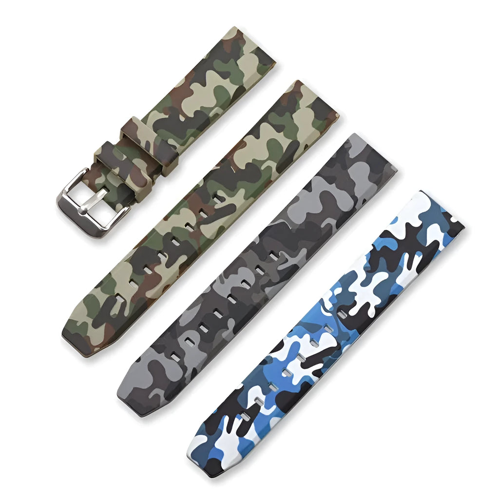 Camouflage silicone watch strap showing green, blue, and grey patterns in 20mm, 22mm, 24mm widths
