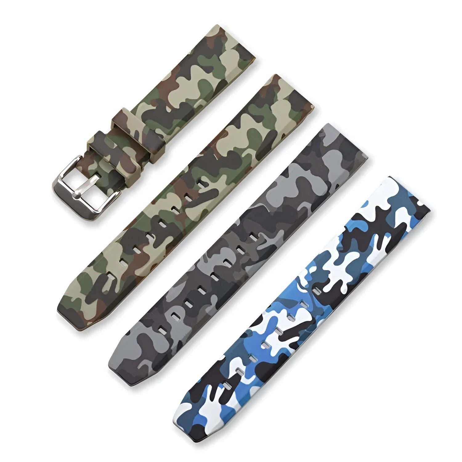 Camouflage silicone watch strap showing green, blue, and grey patterns in 20mm, 22mm, 24mm widths