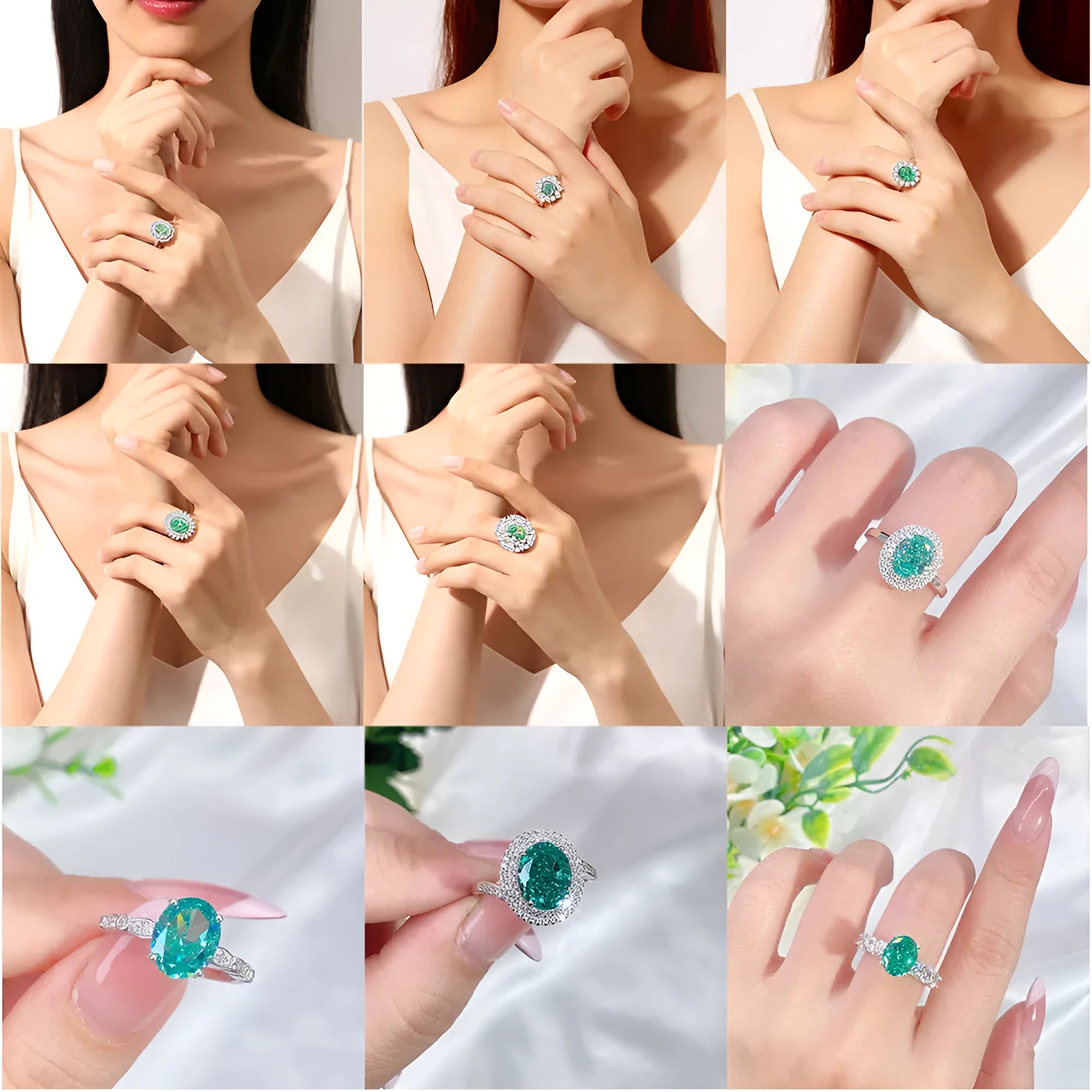S925 sterling silver ring with a green emerald in a geometric Palaibahao setting on a woman's finger.