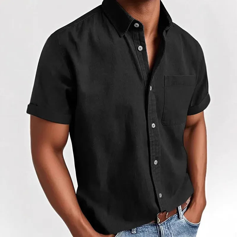Men's short-sleeved polo collar shirt, solid colour, with pocket on front, in black, white, and khaki options