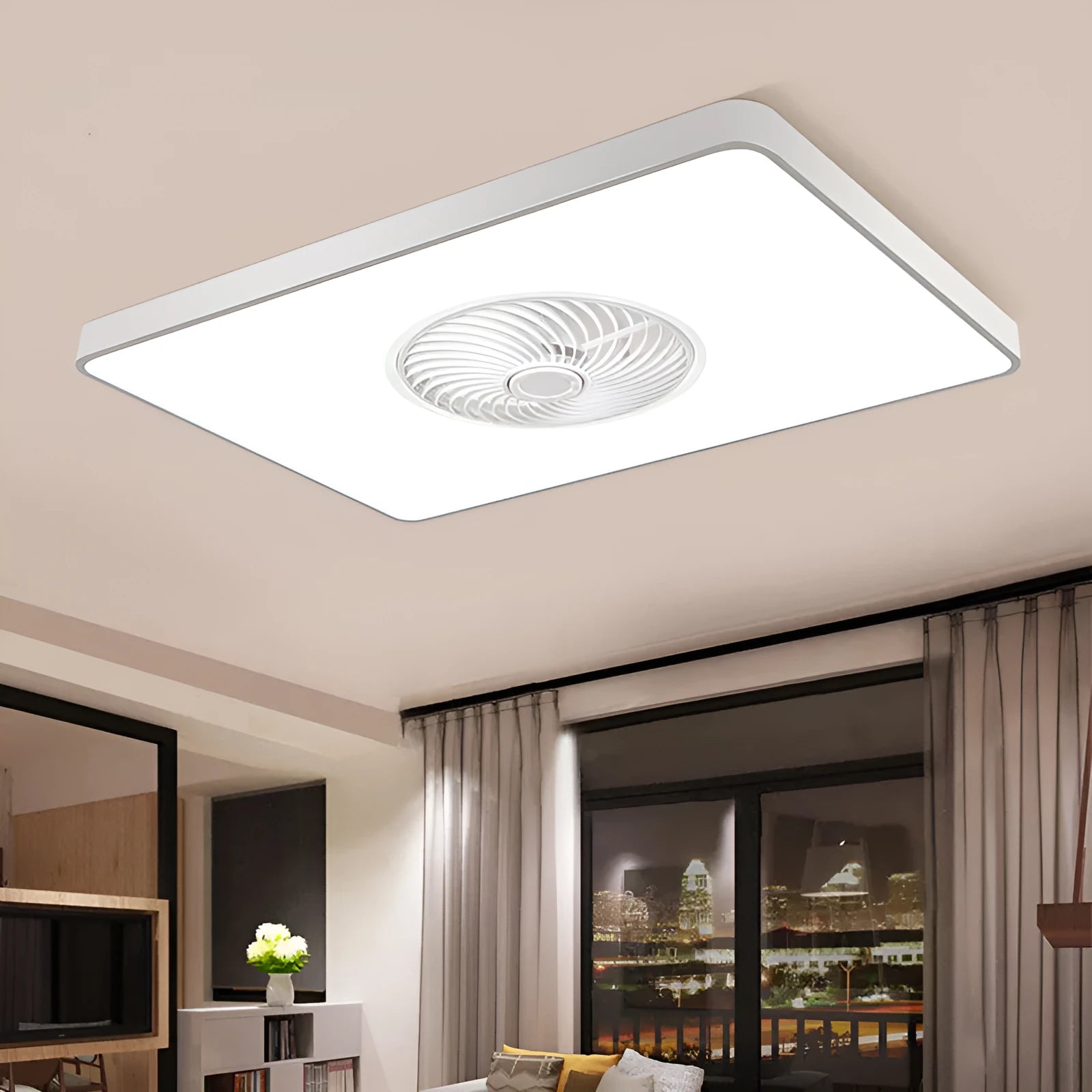 Nordic style solid wood ceiling fan with integrated light and PVC shade in rectangular, square and round designs.