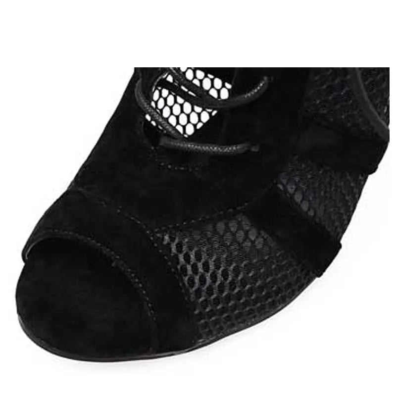 Black suede women's high heel shoes with lace-up ankle closure and an 11.5 cm heel.