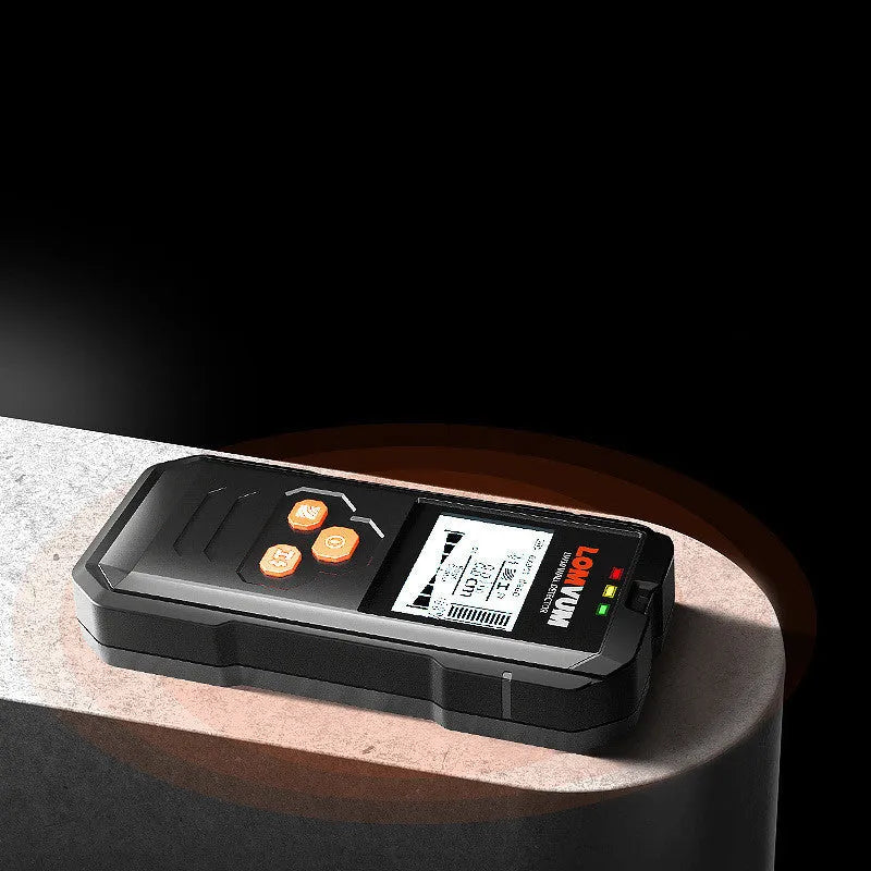 Handheld multifunctional wall detector with display for locating metal, wires, and wood.