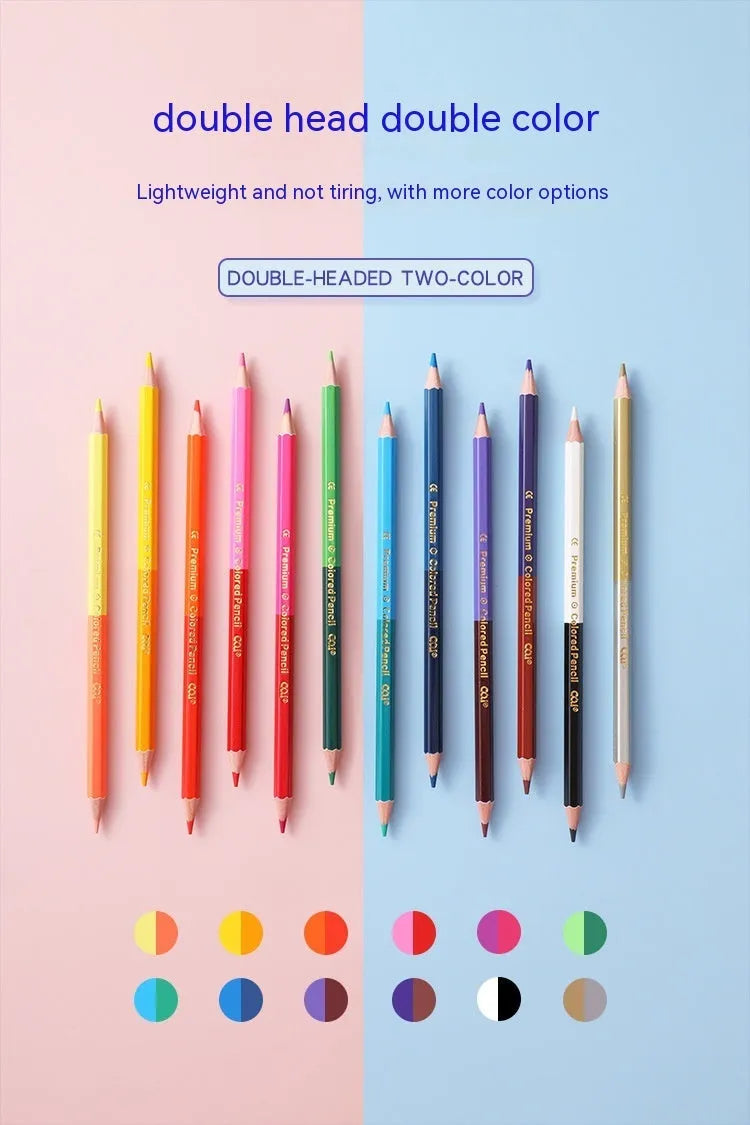 Set of wooden coloured pencils showing double-head lead tips, available in 6 or 12 piece sets.