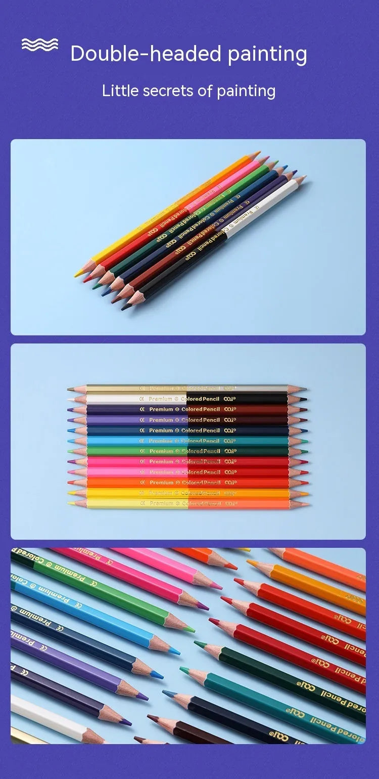 Set of wooden coloured pencils showing double-head lead tips, available in 6 or 12 piece sets.