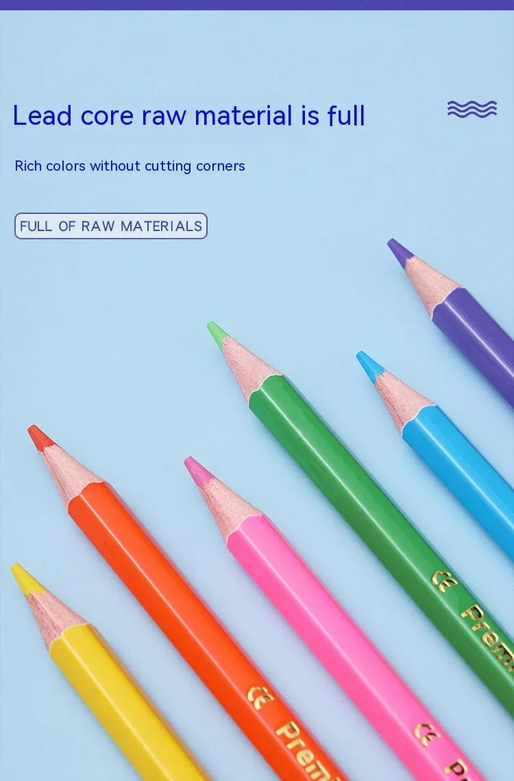Set of wooden coloured pencils showing double-head lead tips, available in 6 or 12 piece sets.