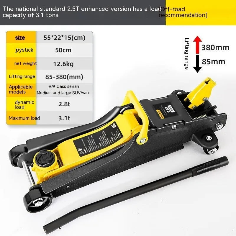 Horizontal low-profile hydraulic car jack with handle and compression member for tyre changes