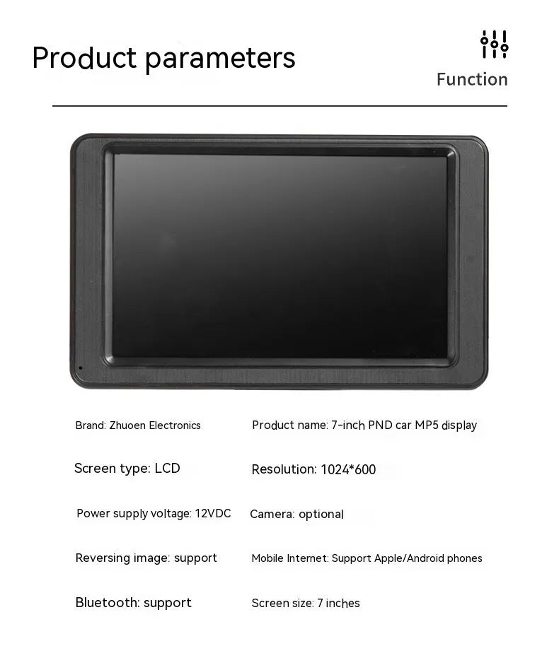 Black portable vehicle-mounted MP5 player with 7-inch LCD screen, front view