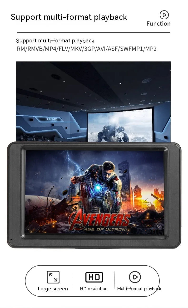Black portable vehicle-mounted MP5 player with 7-inch LCD screen, front view