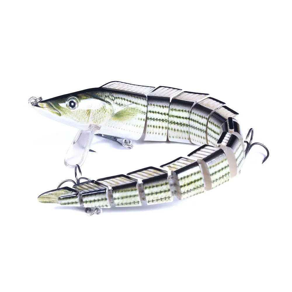 Multi-section simulated loach fishing lure showing jointed body design and natural colour pattern