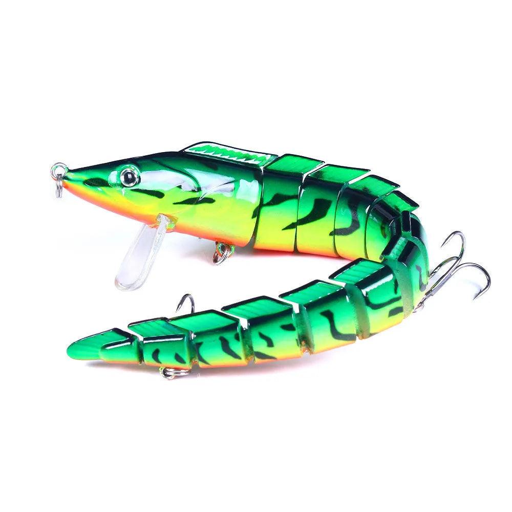 Multi-section simulated loach fishing lure showing jointed body design and natural colour pattern