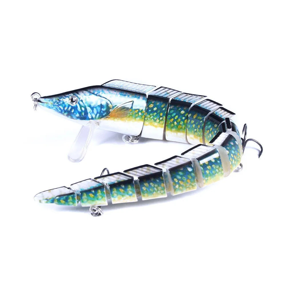 Multi-section simulated loach fishing lure showing jointed body design and natural colour pattern
