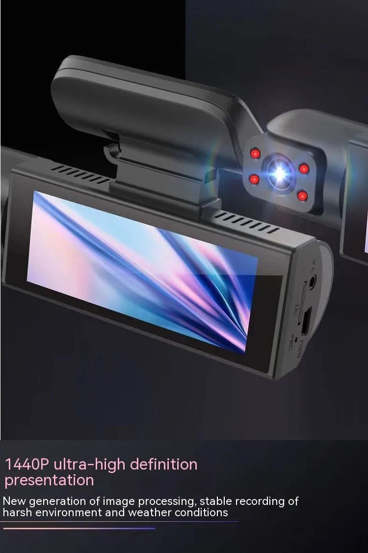 Dual-lens HD 3.5-inch driving recorder with 150-degree wide angle and night vision, displayed on a windscreen