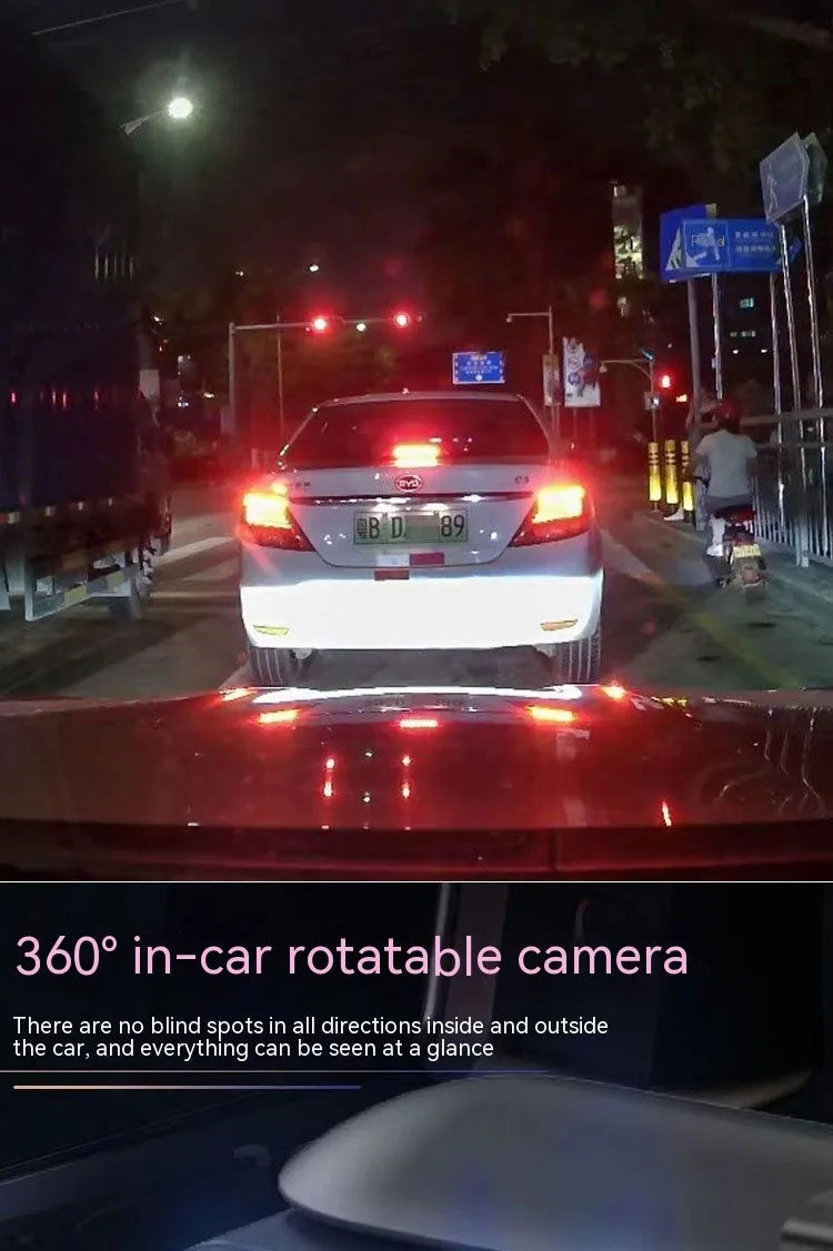Dual-lens HD 3.5-inch driving recorder with 150-degree wide angle and night vision, displayed on a windscreen