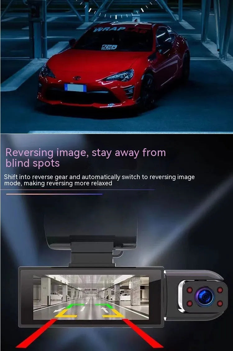 Dual-lens HD 3.5-inch driving recorder with 150-degree wide angle and night vision, displayed on a windscreen