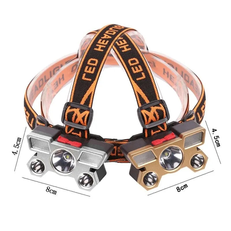 A PVC-built, head-mounted 10W LED miner's lamp with adjustable strap, shown with its USB charging cable and colour box packaging.