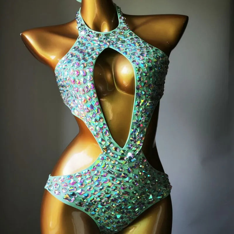 Women's one-piece swimsuit with mesh diamond pattern in army green colour