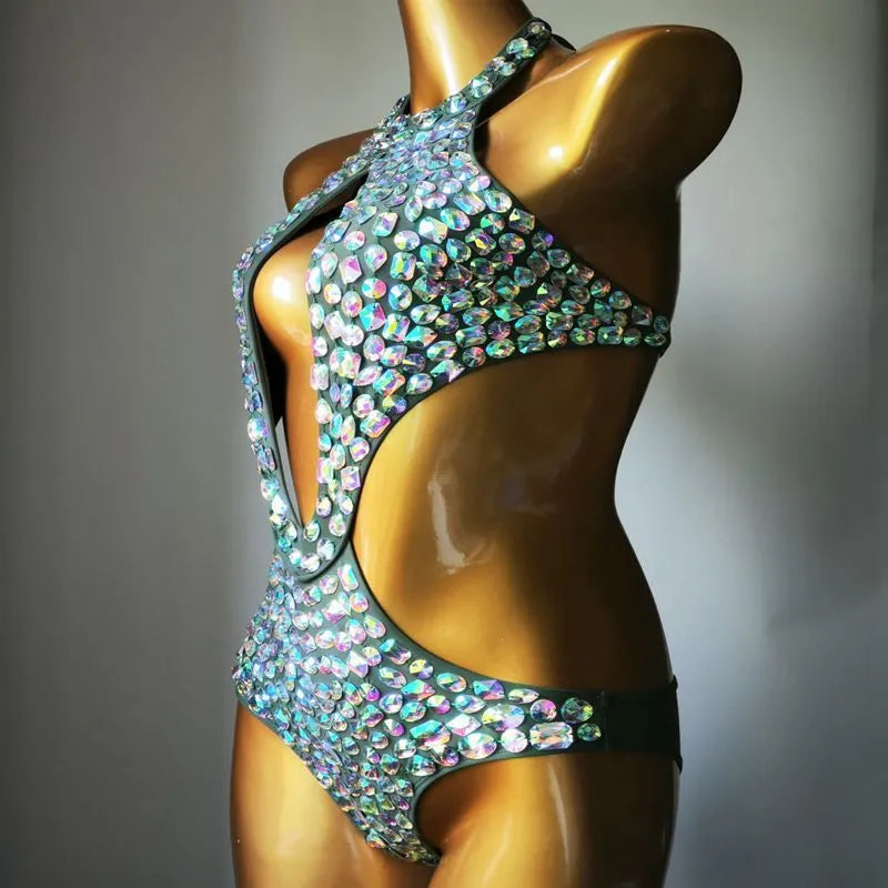 Women's one-piece swimsuit with mesh diamond pattern in army green colour