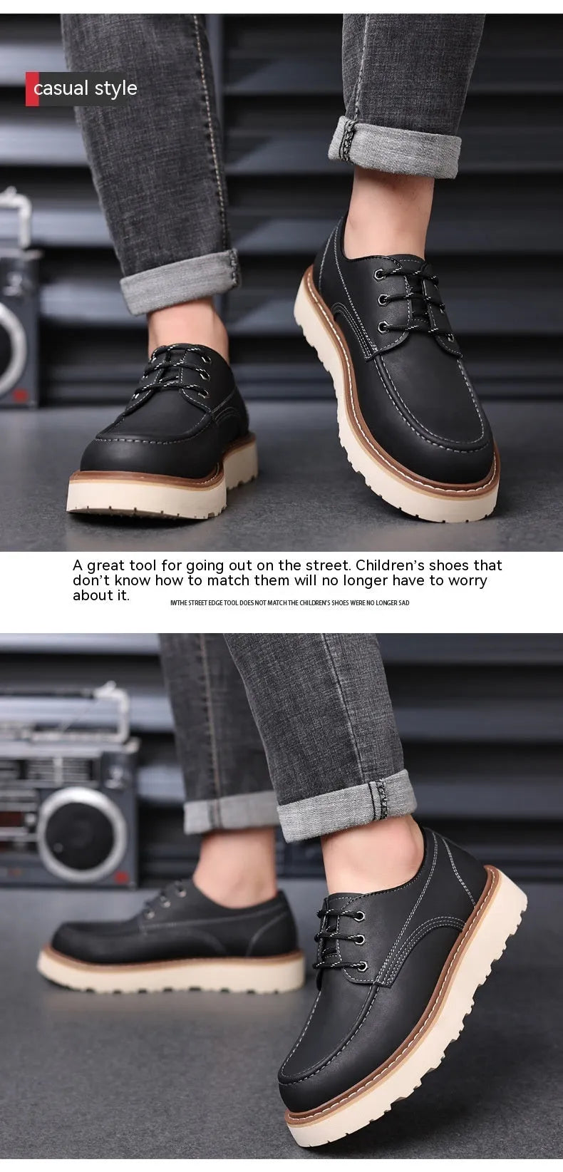 Men's low-top retro Martin boots in black with round toe, non-slip rubber sole and mid heel