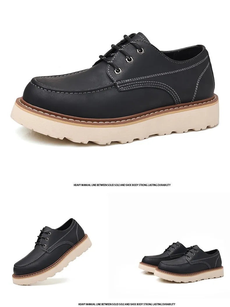 Men's low-top retro Martin boots in black with round toe, non-slip rubber sole and mid heel