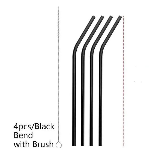 Colourful reusable stainless steel straws with non-slip threads, straight and elbow styles, on a table
