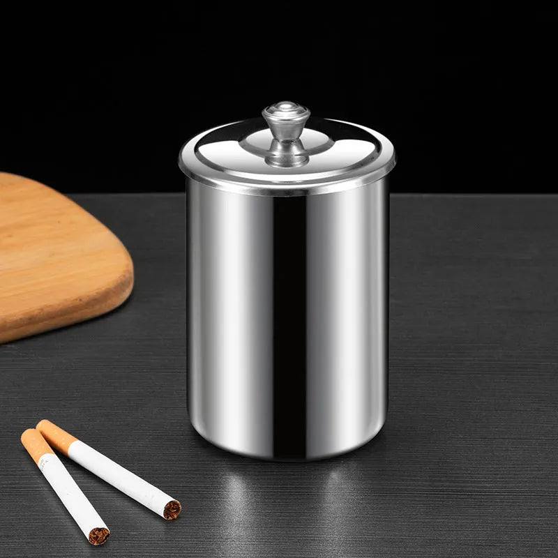 Stainless steel fly ash ashtray with cover, funnel, and smoke button in black, 7.5x9.5cm