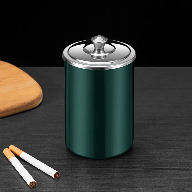 Stainless steel fly ash ashtray with cover, funnel, and smoke button in black, 7.5x9.5cm
