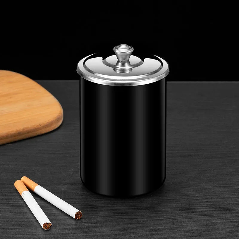 Stainless steel fly ash ashtray with cover, funnel, and smoke button in black, 7.5x9.5cm