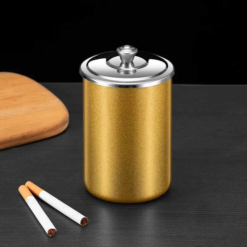 Stainless steel fly ash ashtray with cover, funnel, and smoke button in black, 7.5x9.5cm