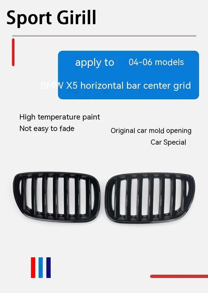 Bright black ABS medium mesh front grille set for BMW X5 E53 2000-2003, pair of two grilles