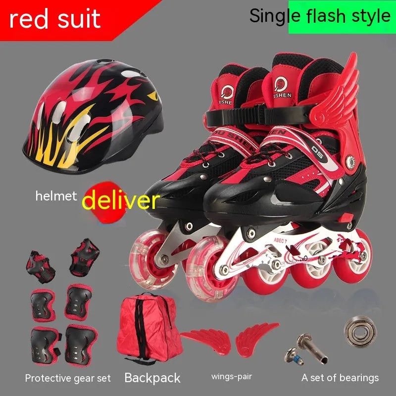 Yellow children's adjustable roller skates with aluminium frame, helmet, and protective gear set on a backpack