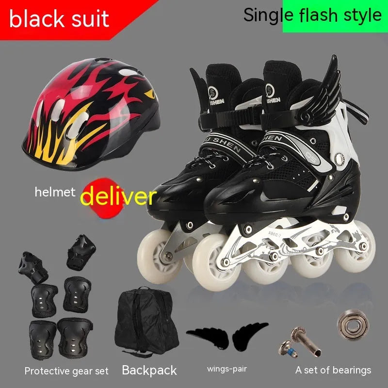 Yellow children's adjustable roller skates with aluminium frame, helmet, and protective gear set on a backpack