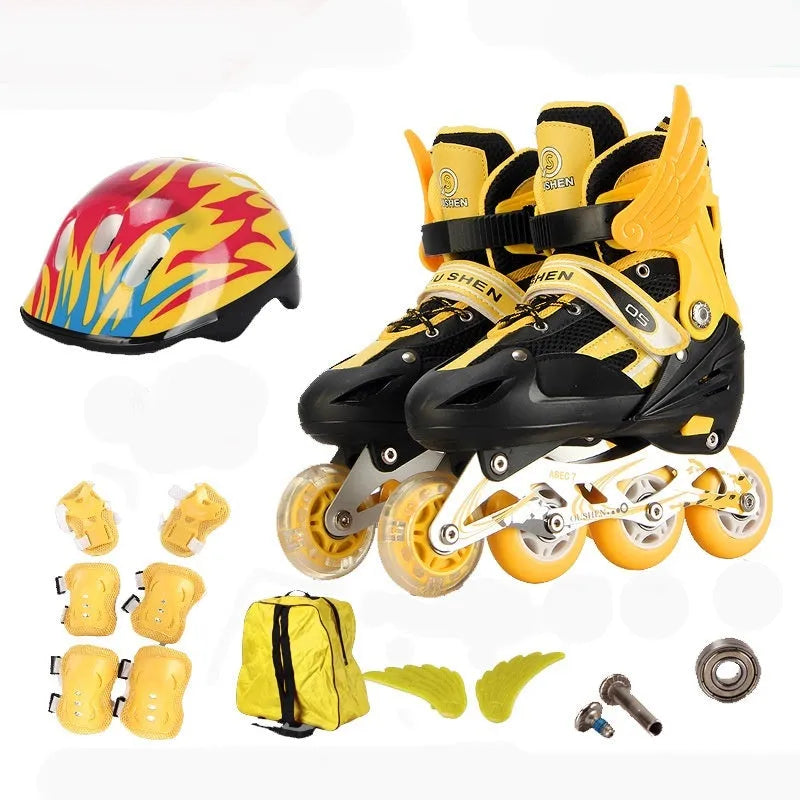 Yellow children's adjustable roller skates with aluminium frame, helmet, and protective gear set on a backpack