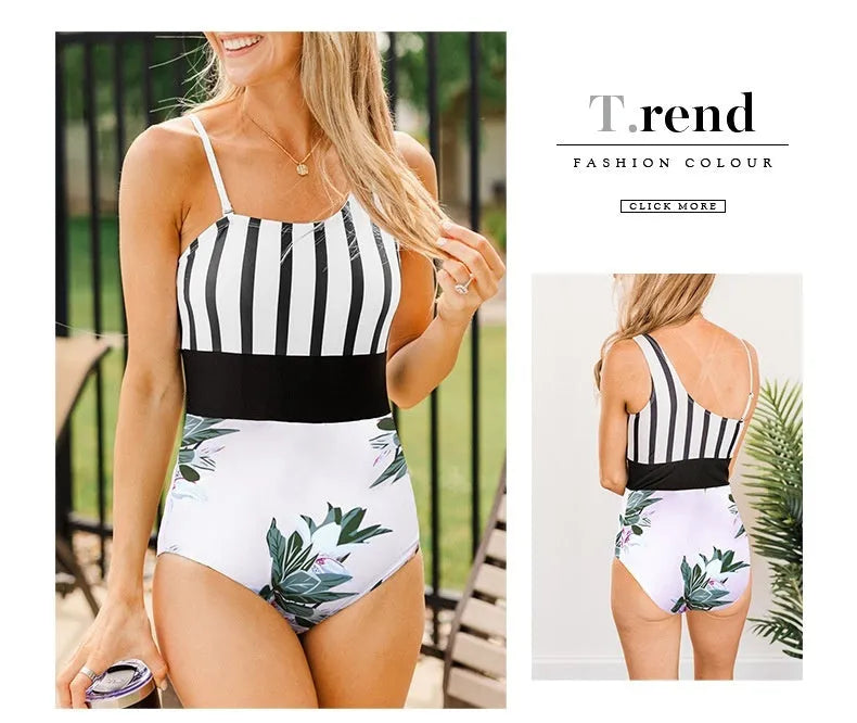 Women's leopard print one-piece swimsuit with asymmetric collar and high-waist brief design.
