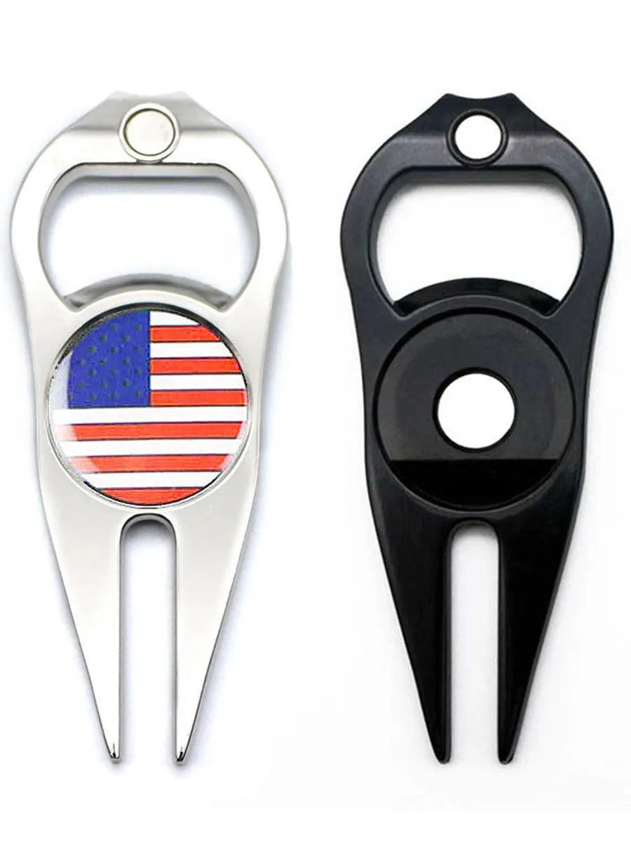 Zinc alloy golf ball fork bottle opener tool in black, green or silver with 88mm length