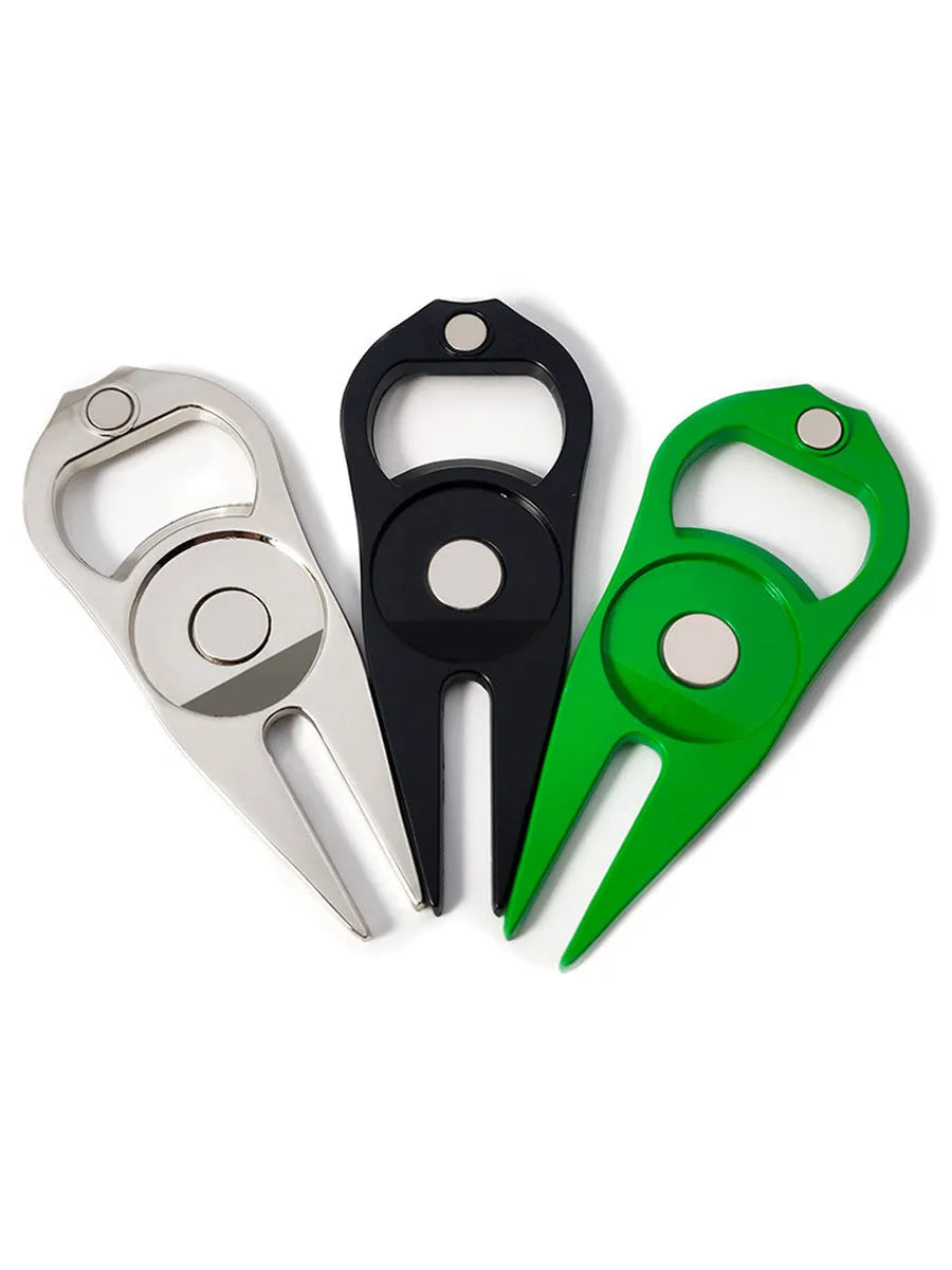 Zinc alloy golf ball fork bottle opener tool in black, green or silver with 88mm length