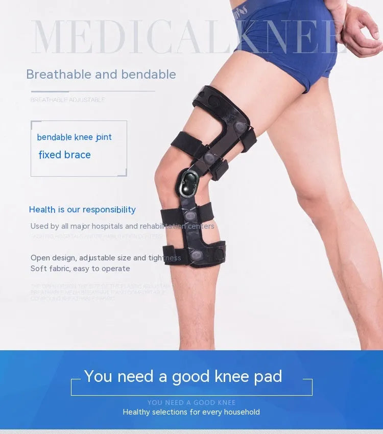 Black anterior ligament knee support brace showing composite construction with iron and cloth materials.