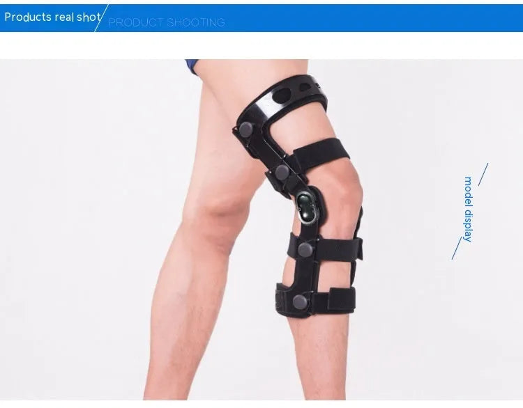 Black anterior ligament knee support brace showing composite construction with iron and cloth materials.