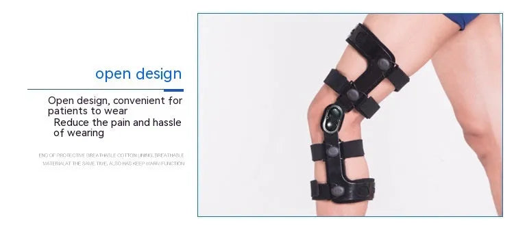 Black anterior ligament knee support brace showing composite construction with iron and cloth materials.