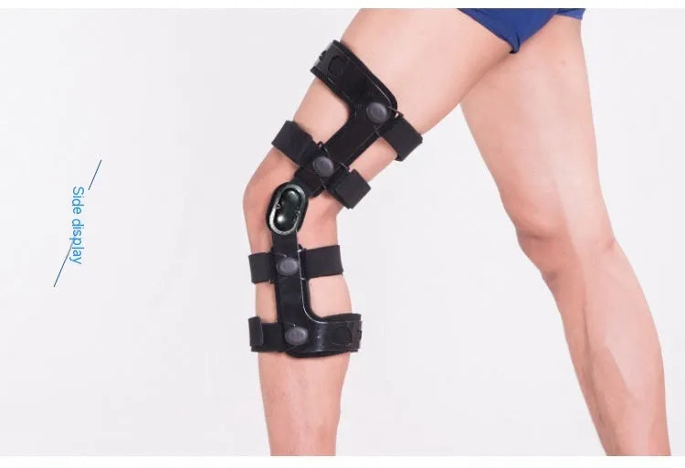 Black anterior ligament knee support brace showing composite construction with iron and cloth materials.